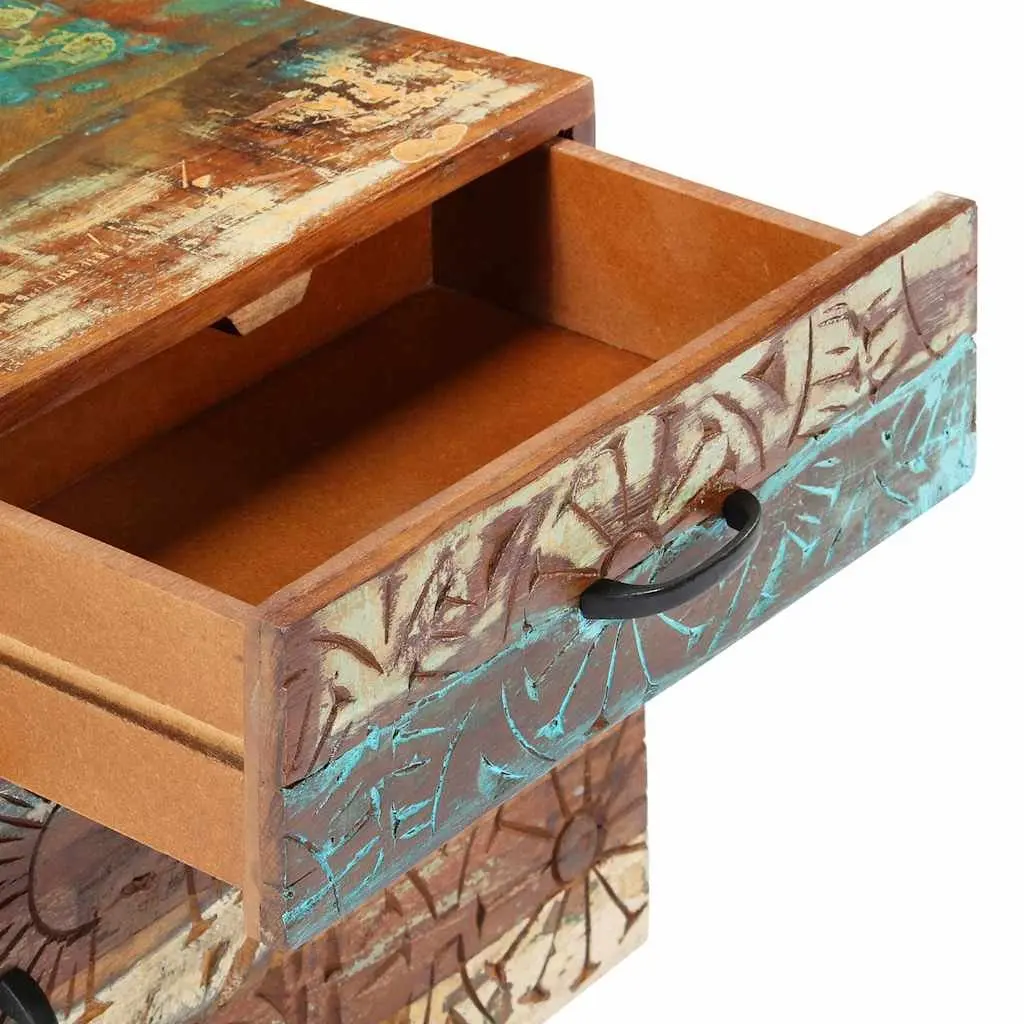 Reclaimed Wood Bedside Cabinet Hand Carved Multicolour Nightstand with Drawer and Door 40cm Width 30cm Depth 50cm Height