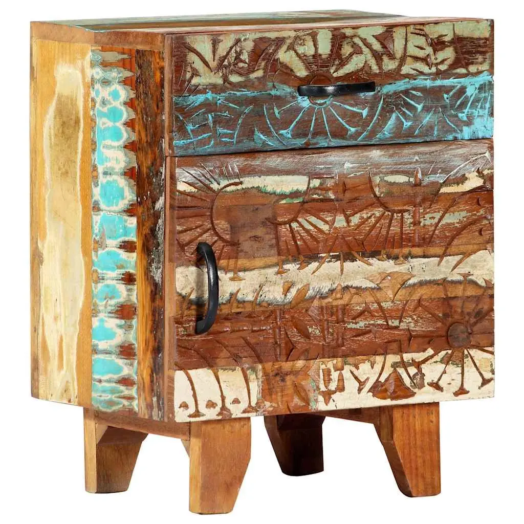 Reclaimed Wood Bedside Cabinet Hand Carved Multicolour Nightstand with Drawer and Door 40cm Width 30cm Depth 50cm Height