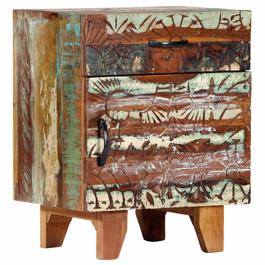 Reclaimed Wood Bedside Cabinet Hand Carved Multicolour Nightstand with Drawer and Door 40cm Width 30cm Depth 50cm Height
