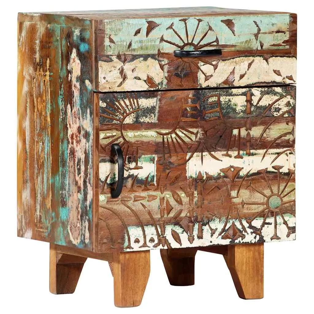 Reclaimed Wood Bedside Cabinet Hand Carved Multicolour Nightstand with Drawer and Door 40cm Width 30cm Depth 50cm Height