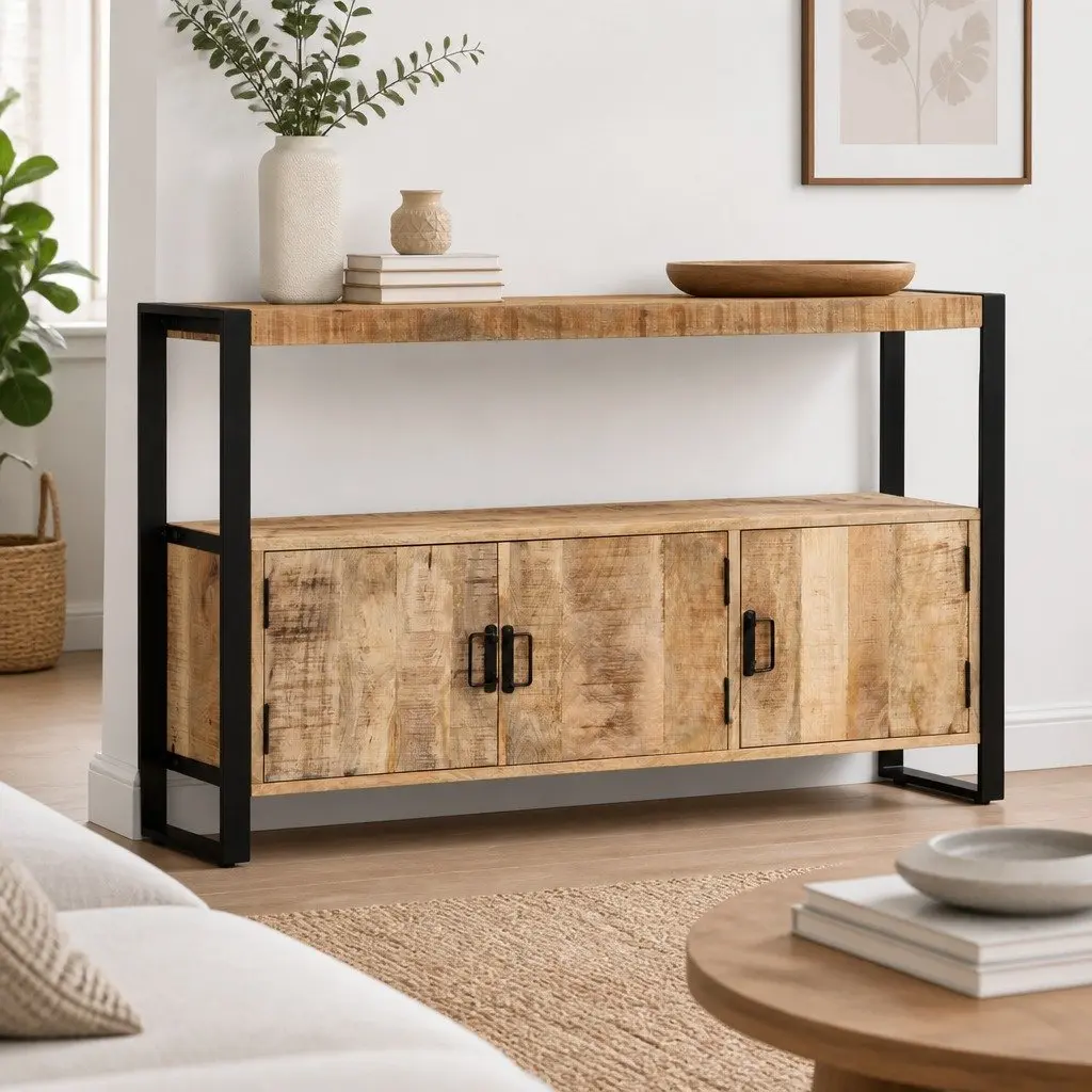 Mango Wood Side Cabinet Brown 120x30x75 cm Powder Coated Steel Frame Storage Furniture