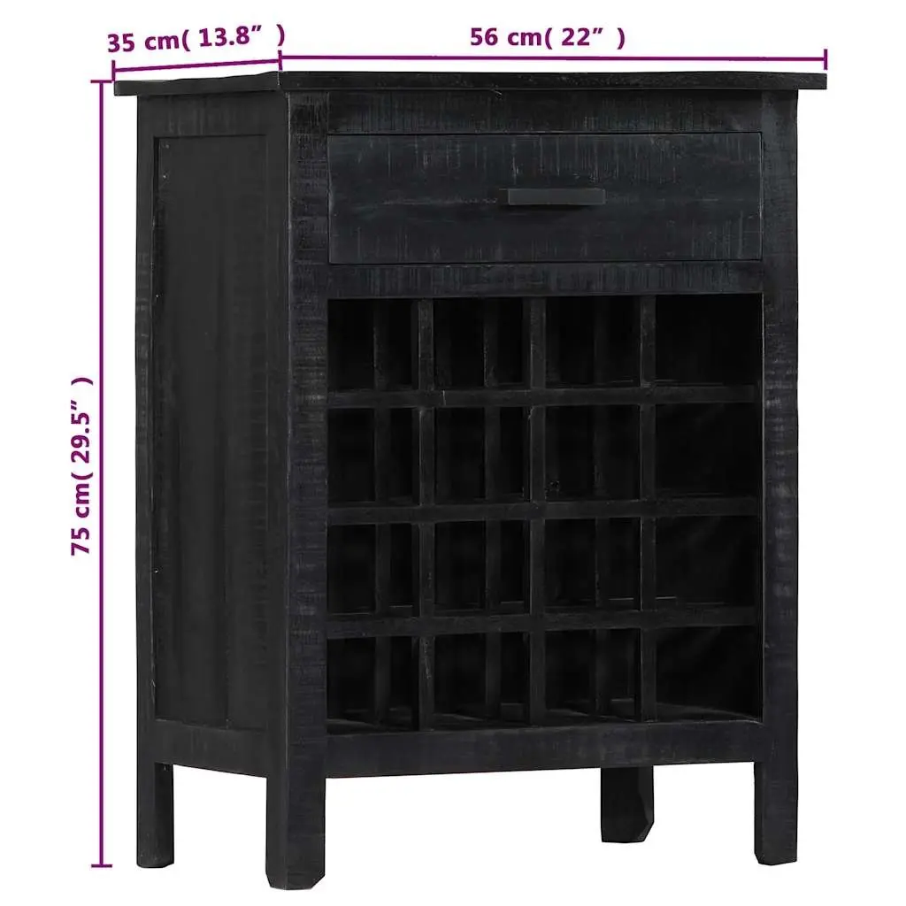 Wine Rack Mango Wood Storage Cabinet Black 56x35x75cm Horizontal Bottle Organizer with Drawer