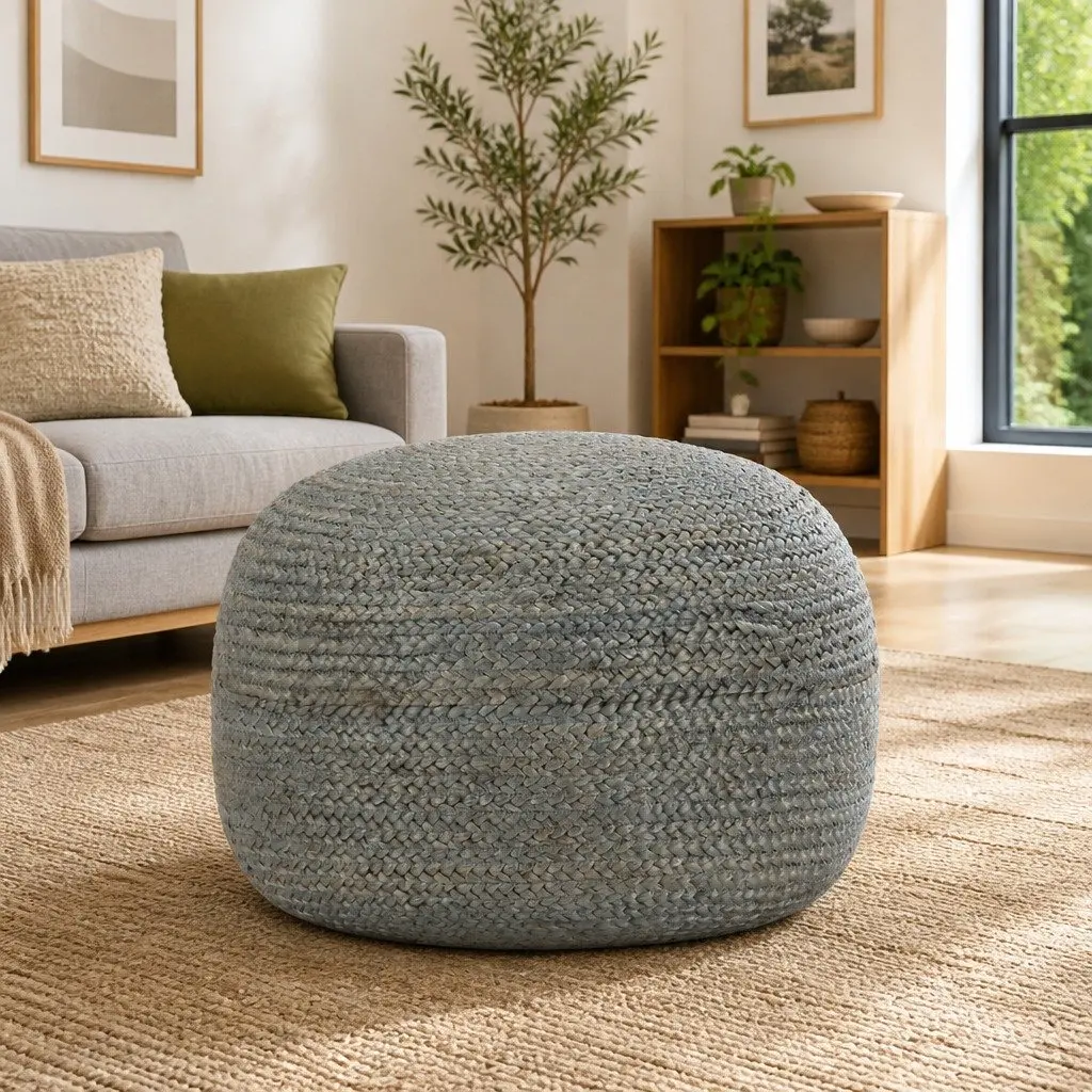 Jute Pouffe Footrest Olive Green 45x30cm Handmade Braided Stool