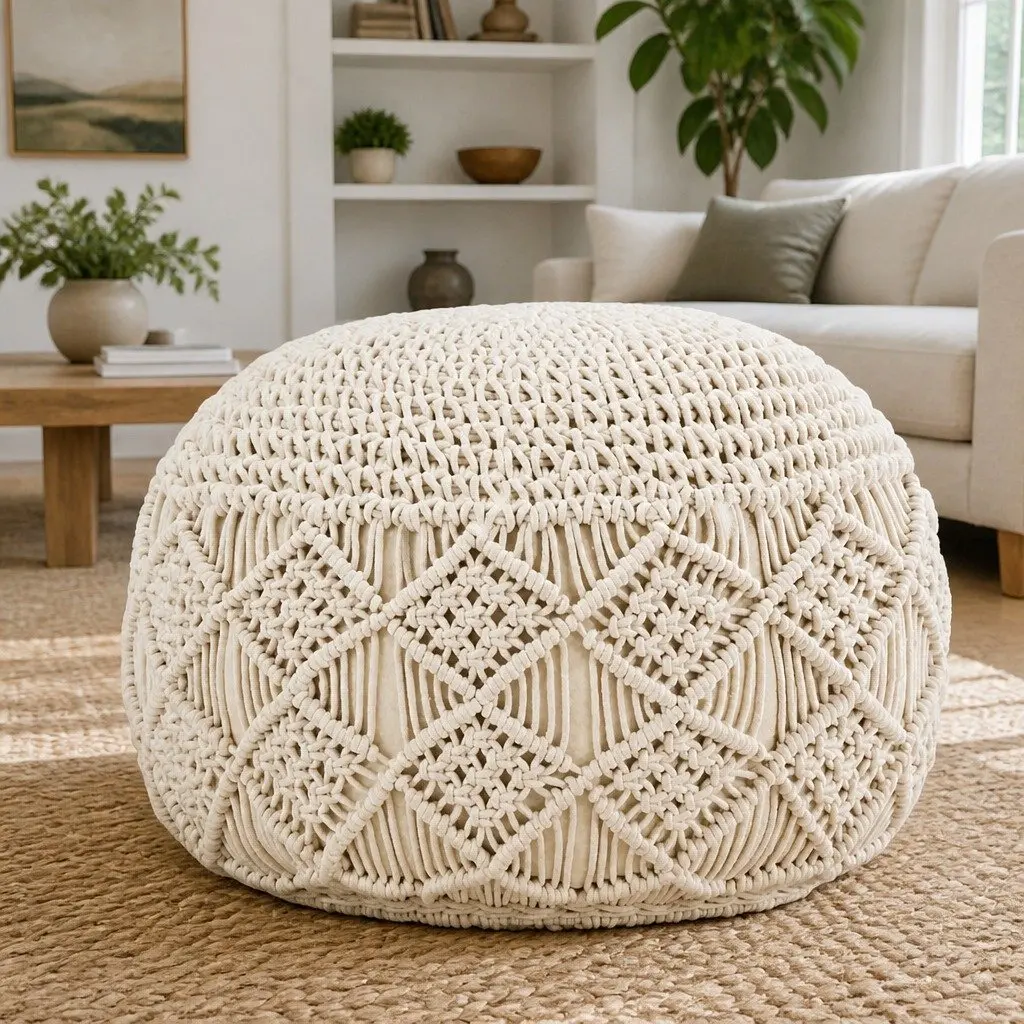 Macrame Pouffe Footstool Handmade Braided Cotton 45x30cm Beige Contemporary Home Decor