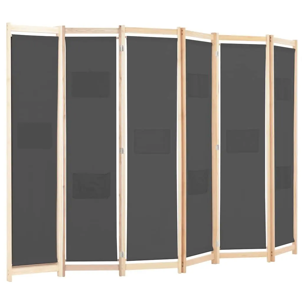 6-Panel Room Divider Wooden Frame Fabric Screens Grey Freestanding Folding Privacy Screen Partition