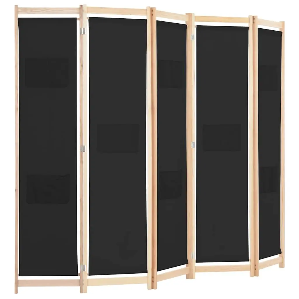 5-Panel Room Divider Wooden Frame Fabric Screen Black 200 x 170 x 4 cm