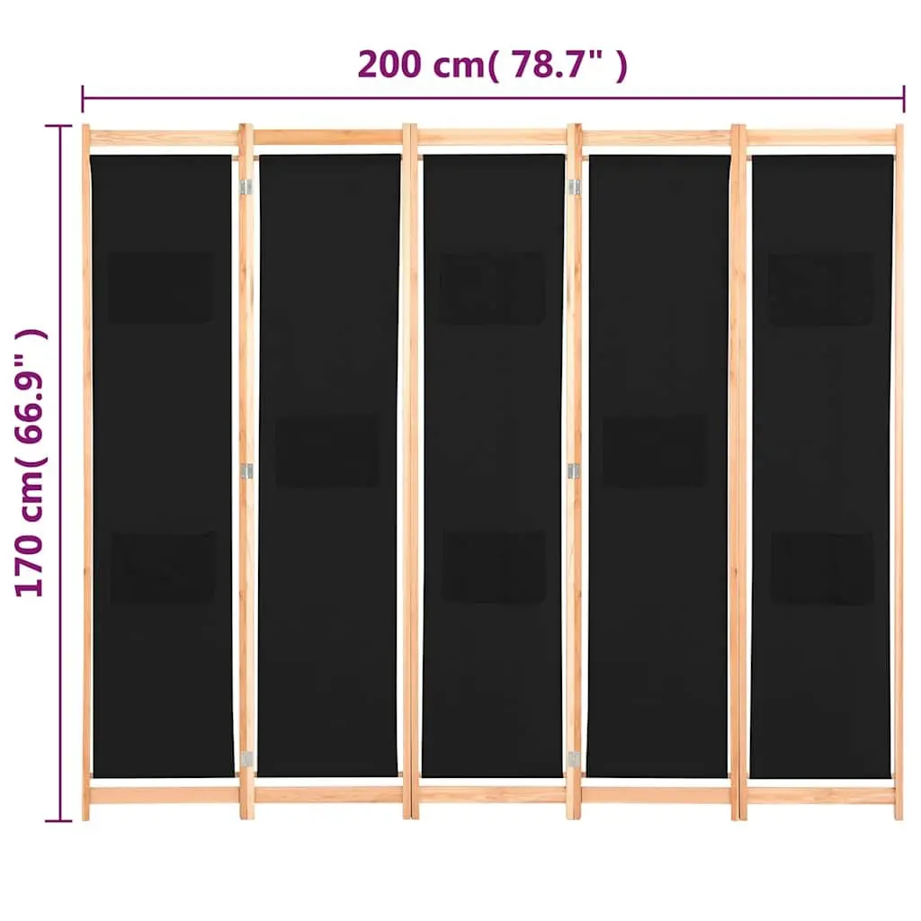 5-Panel Room Divider Wooden Frame Fabric Screen Black 200 x 170 x 4 cm