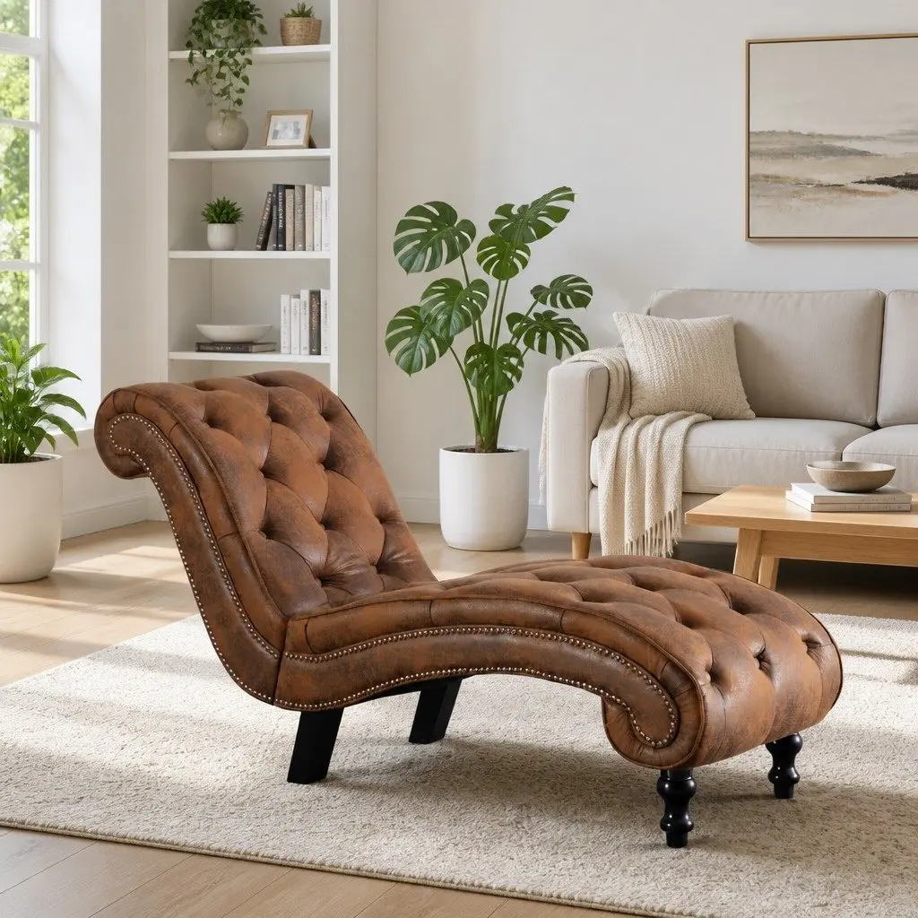 Chaise Lounge Brown Faux Suede Leather Accent Living Room Furniture Padded