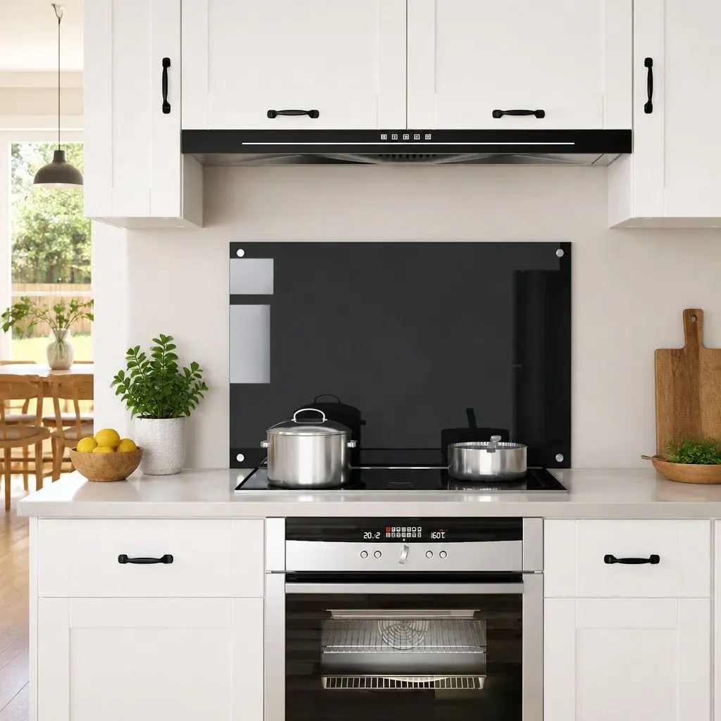 Tempered Glass Kitchen Splashback 90x60cm Black Heat Resistant Splash Guard