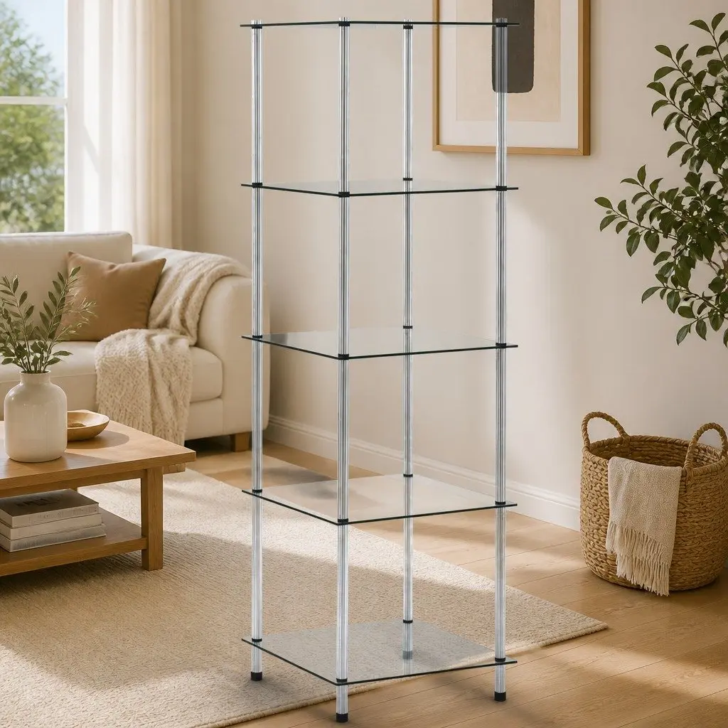 5-Tier Standing Shelf Tempered Glass Transparent Display Unit