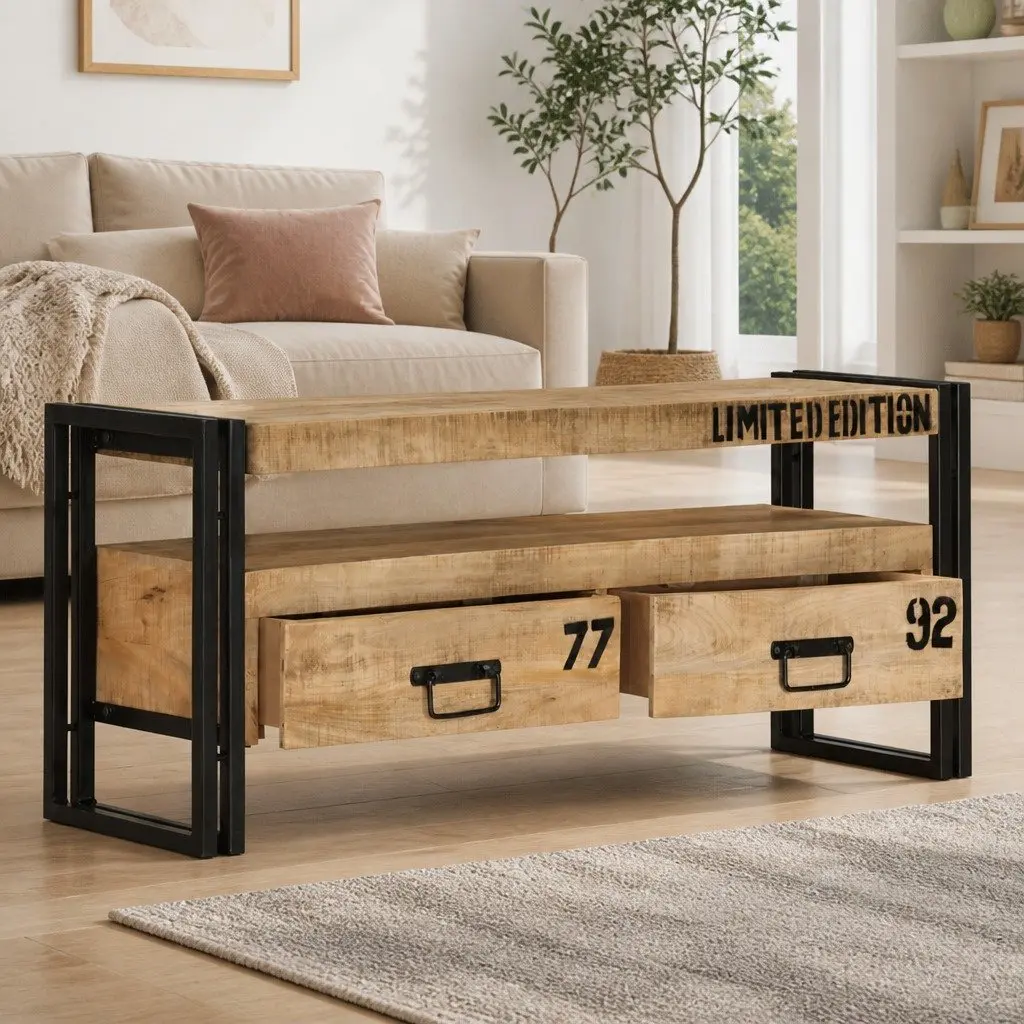 TV Cabinet 100x30x45 cm Solid Mango Wood Storage Unit with Drawers Compartment