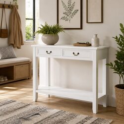 End Table White Wooden Console 110x35x80 cm with Drawers and Shelf Storage