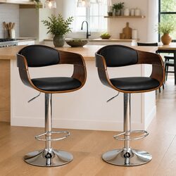 Bar Stools Set of 2 Bent Wood Faux Leather Black Adjustable Height Footrest