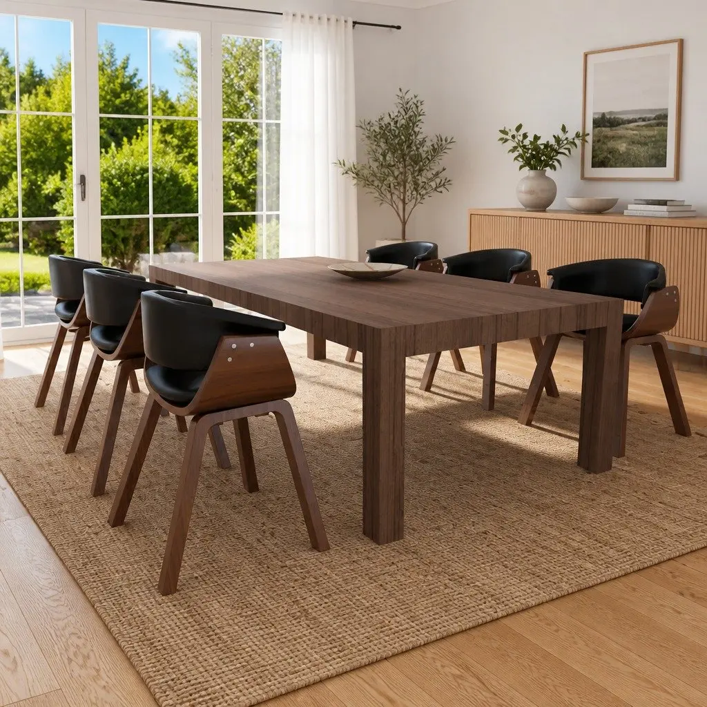 Set of 6 Ergonomic Dining Chairs Black Padded Faux Leather Bent Wood Frame