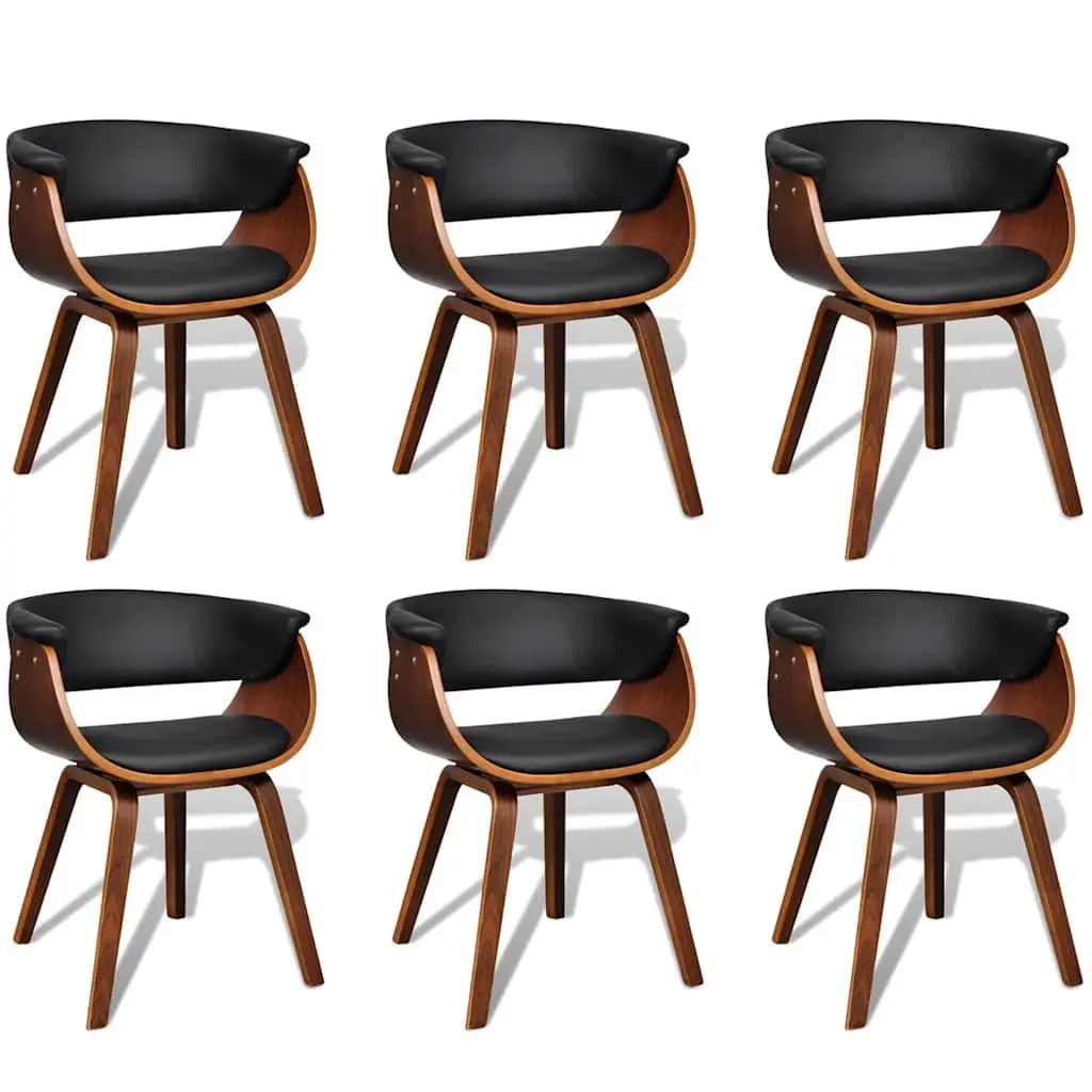Set of 6 Ergonomic Dining Chairs Black Padded Faux Leather Bent Wood Frame