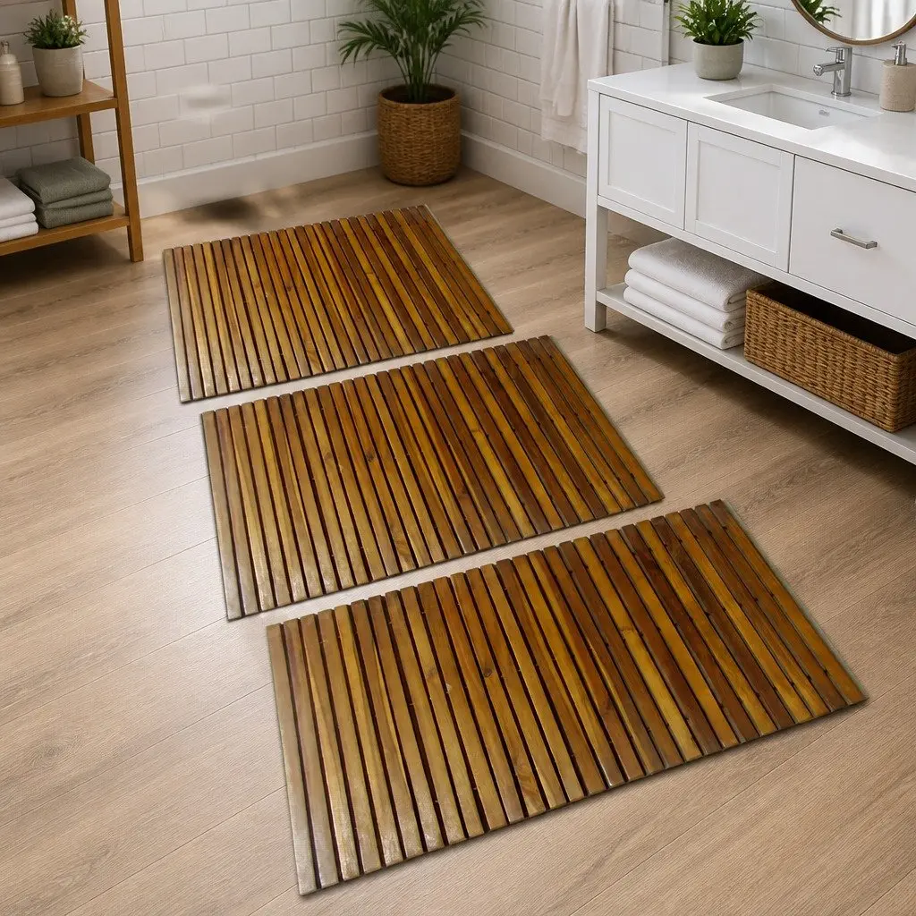 Wooden Bath Mat Acacia Wood 80 x 50 cm Brown Non-Slip Bathroom Sauna Floor 3 Piece