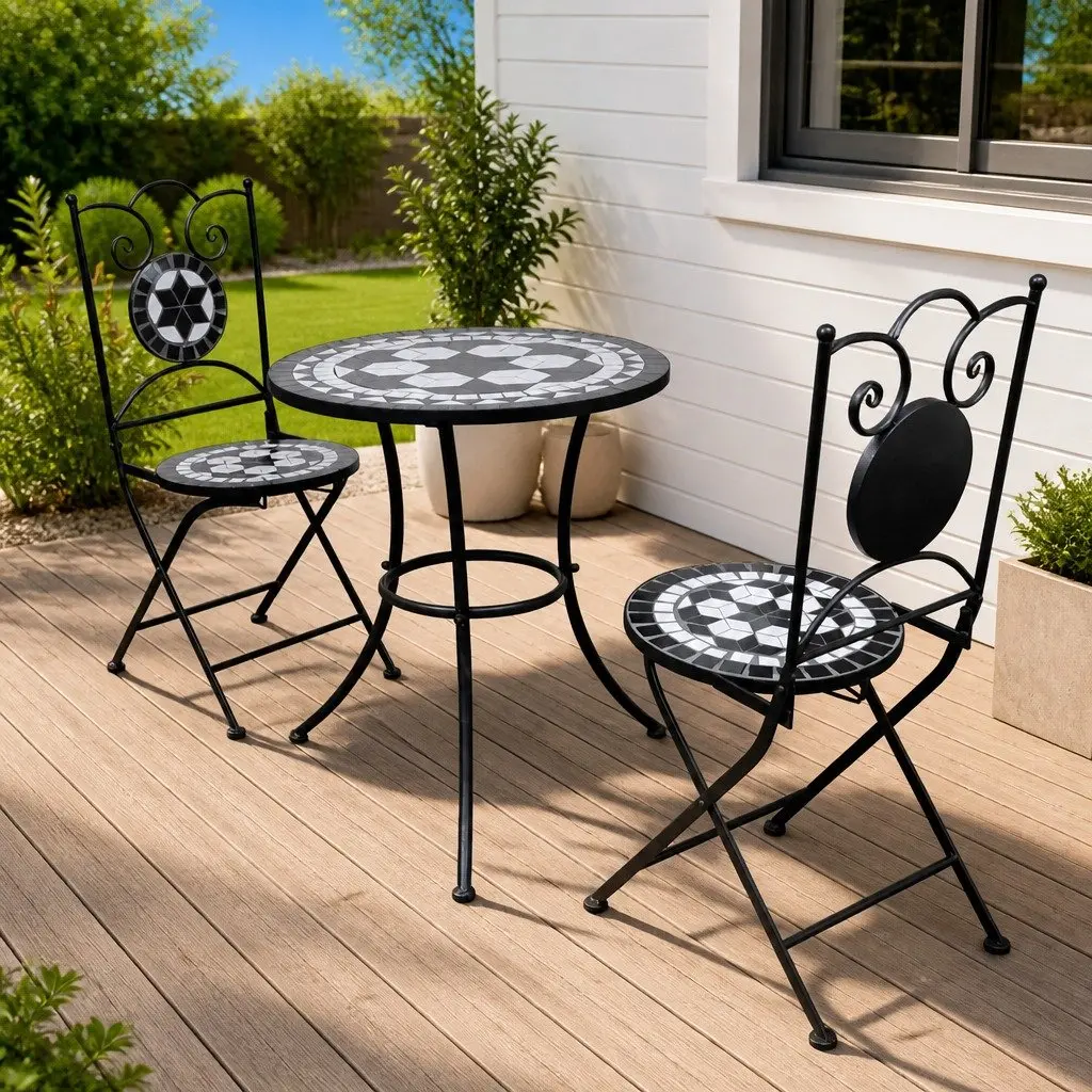 3 Piece Outdoor Bistro Set Ceramic Tile Table Black Powder-coated Iron Chairs