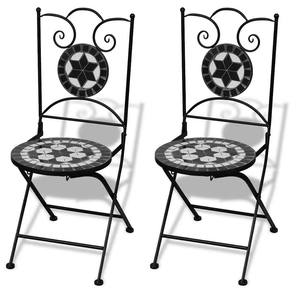 3 Piece Outdoor Bistro Set Ceramic Tile Table Black Powder-coated Iron Chairs