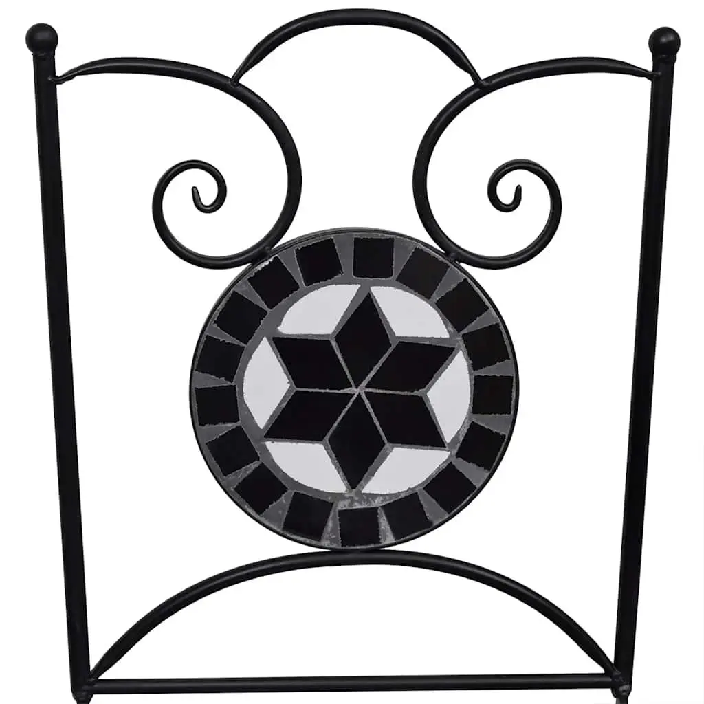 3 Piece Outdoor Bistro Set Ceramic Tile Table Black Powder-coated Iron Chairs