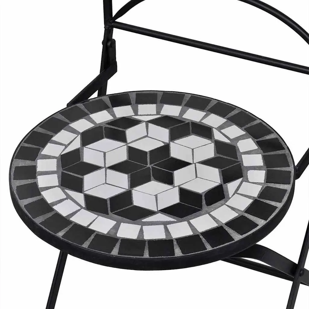 3 Piece Outdoor Bistro Set Ceramic Tile Table Black Powder-coated Iron Chairs