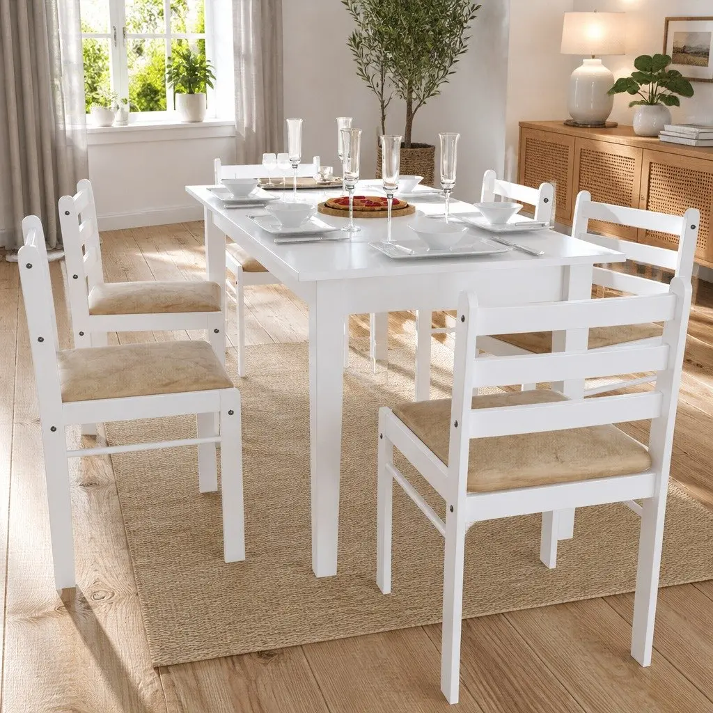 Dining Chairs Set Rubberwood Padded Seat Square Backrest White 6 Piece