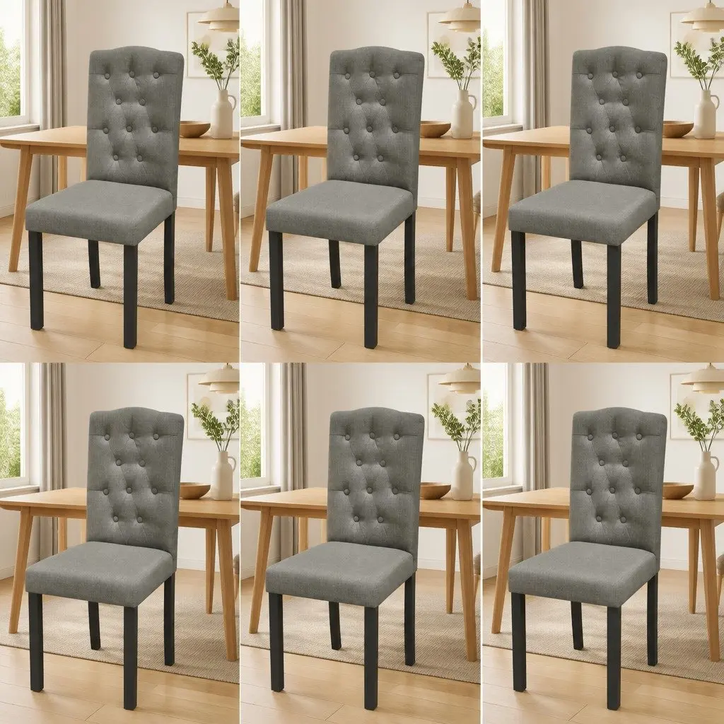 Dining Chairs Grey Fabric Set of 6 Wooden Legs