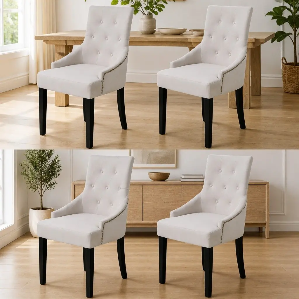 Cream Fabric Dining Chairs Set of 4 with Padded Backrest and Armrests for Kitchen and Dining Room