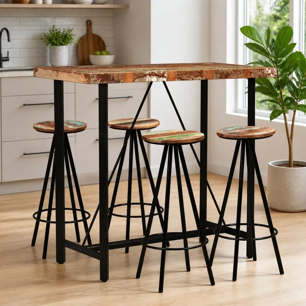 5 Piece Reclaimed Wood Bar Set Industrial Style Table and Stools Brown