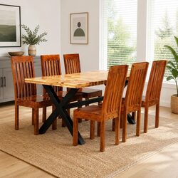 Dining Table Set 7 Pieces Solid Acacia Mango Wood Brown Kitchen Furniture