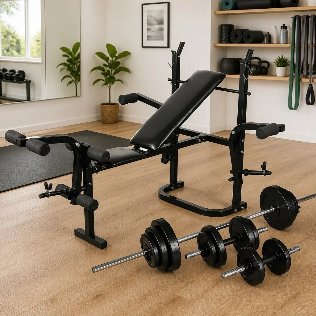 Weight Bench Folding Steel 30.5kg Black with Barbell Dumbbell Set for Home Gym Exercise Fitness