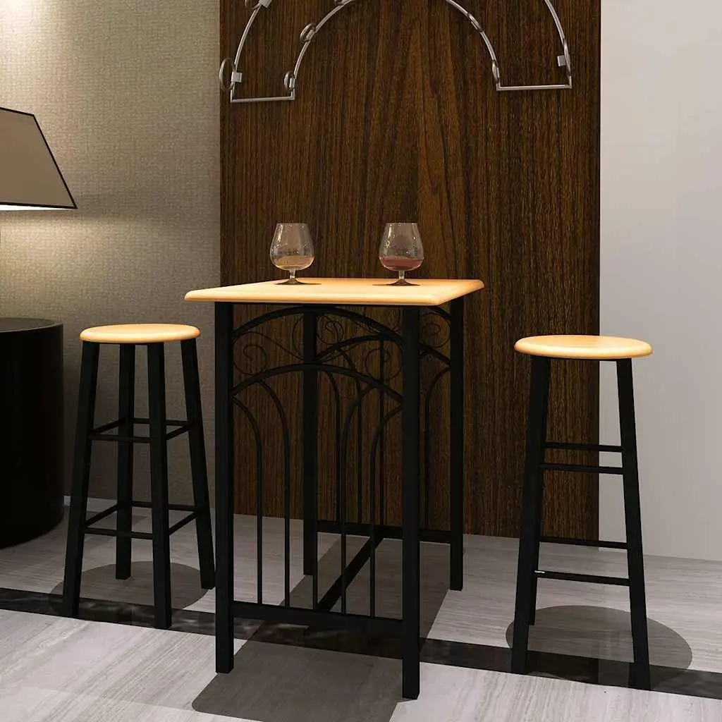Bar Table and Stool Set Wood Steel 3 Pieces Brown