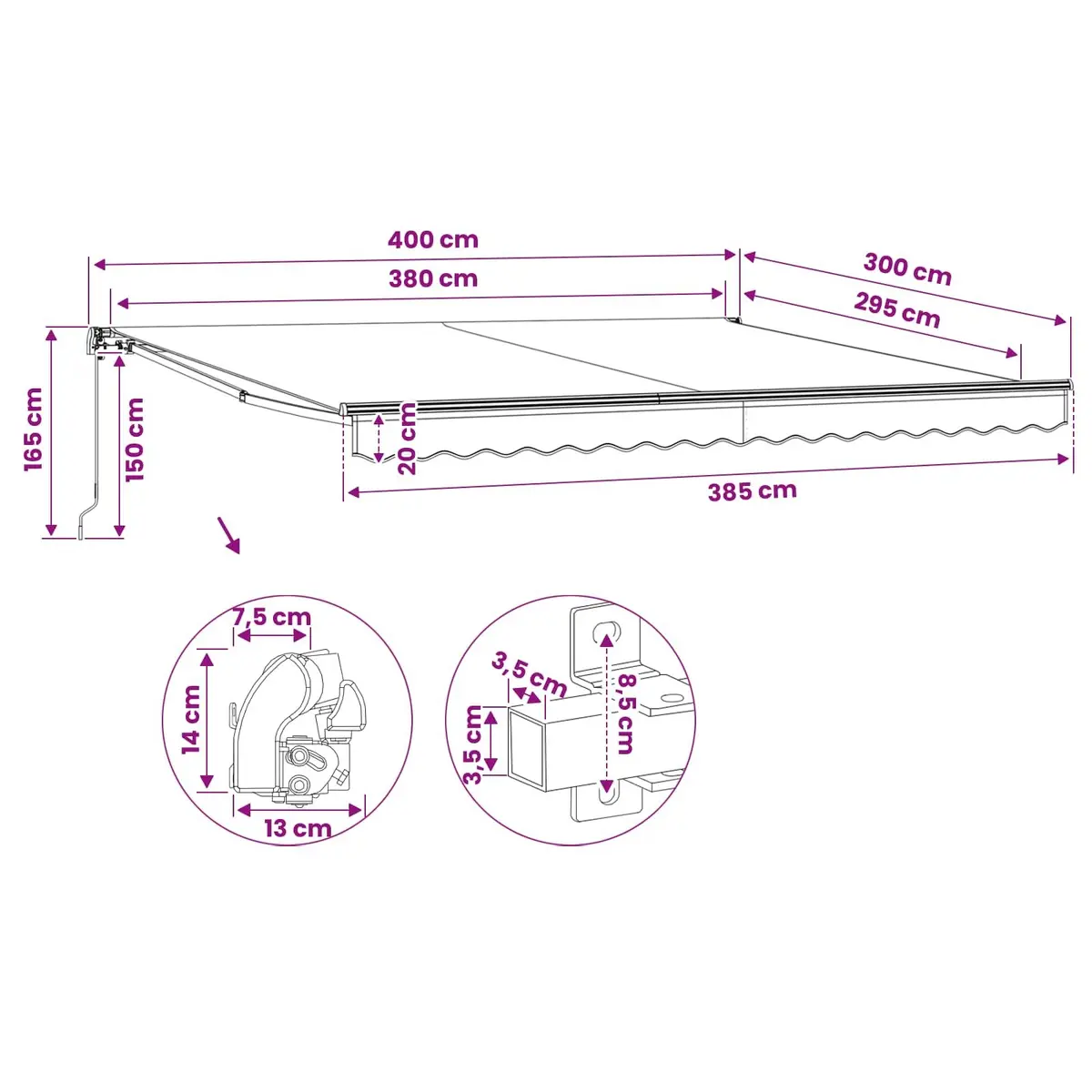 Folding Awning 400cm Adjustable Manual Crank Outdoor Shade Canopy Durable Aluminium Frame Blue White