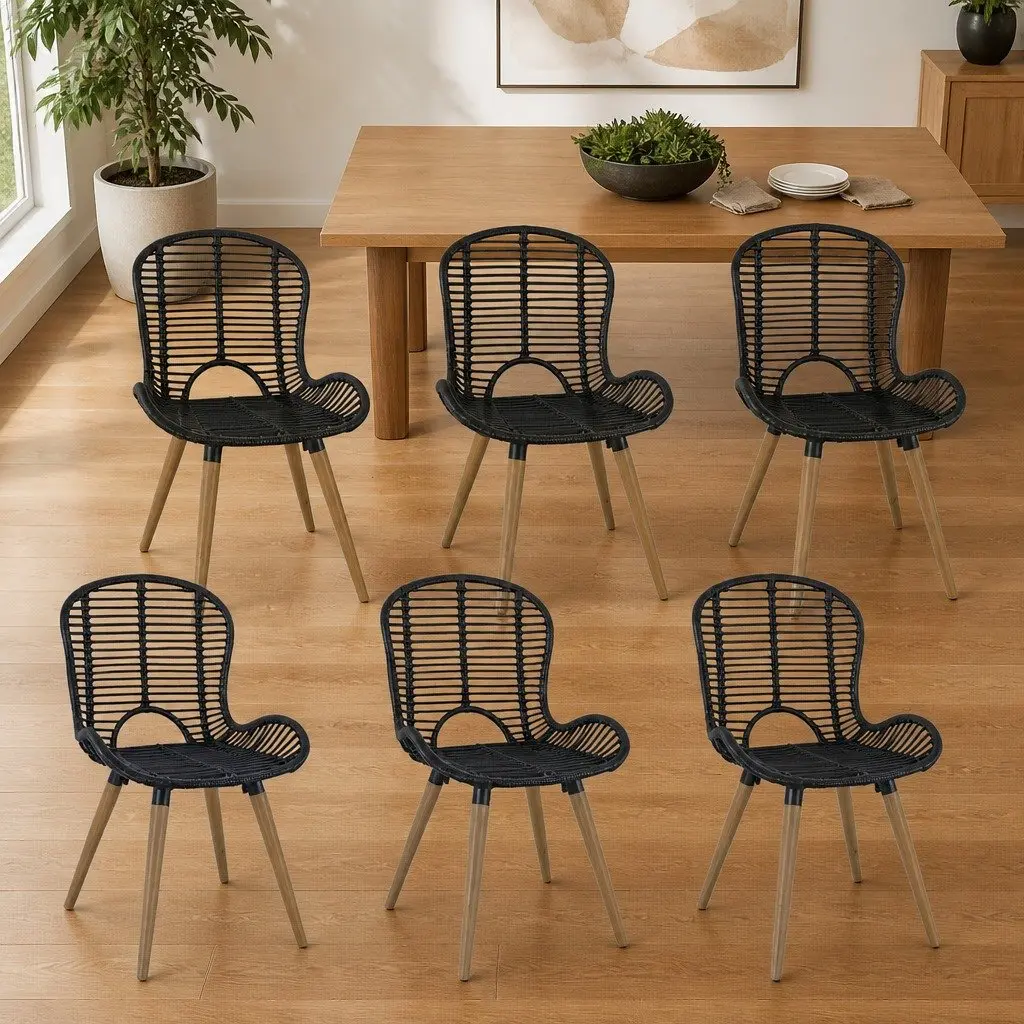 Natural Rattan Dining Chairs Set of 6 Black Kitchen Furniture with Wooden Legs