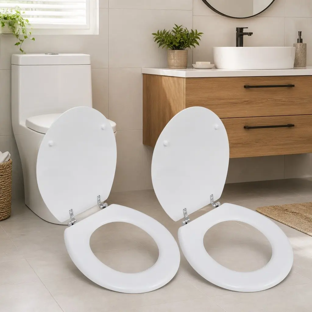 Toilet Seats MDF 2 pcs White Universal Bathroom Fixture with Adjustable Hinges
