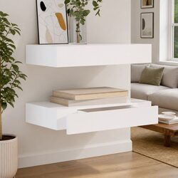 Functional White Floating Wall Shelves with Drawers for Home