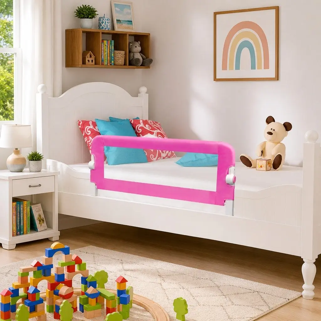Toddler Bed Rail Folding Guard Protective Gate Polyester Fabric Pink 102x42 cm 2 pcs