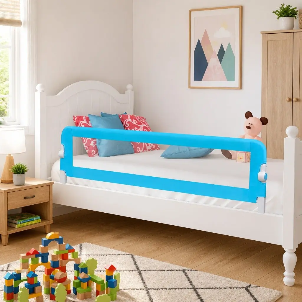Toddler Bed Guard Rail Foldable Blue 150x42cm Protective Set of 2 Polyester