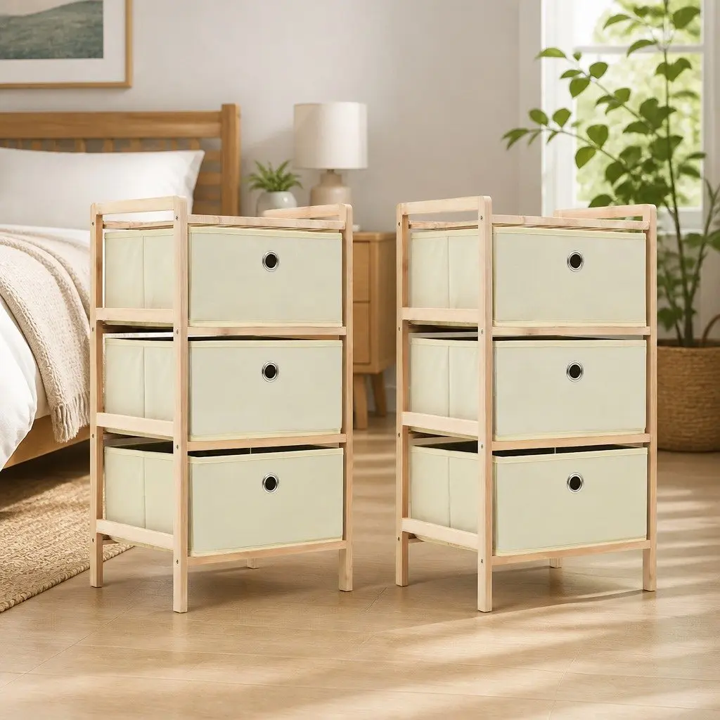 Wooden Storage Rack with 3 Beige Fabric Baskets Storage Organiser 2 Pack