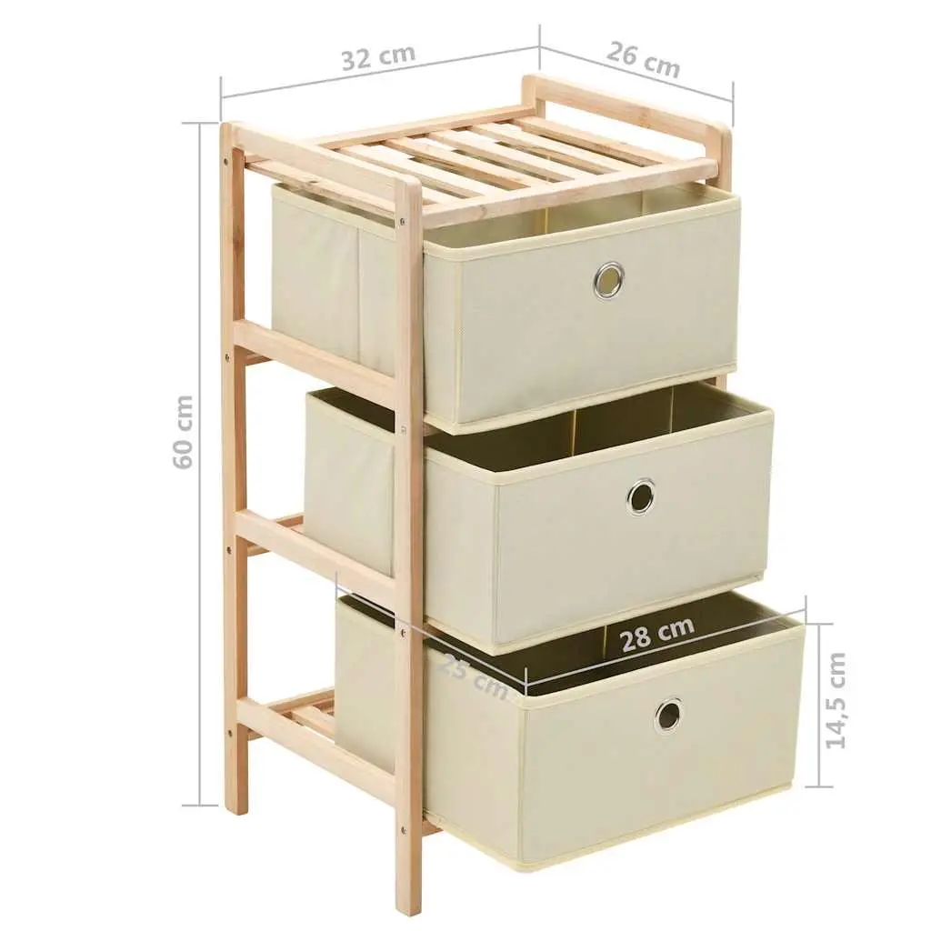Wooden Storage Rack with 3 Beige Fabric Baskets Storage Organiser 2 Pack