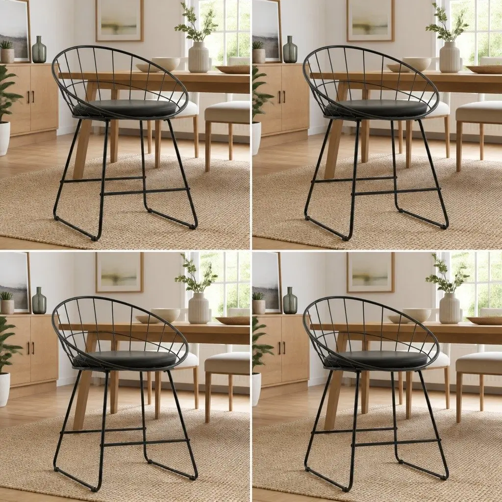 4 Piece Dining Chair Set Black Faux Leather Cushions Powder Coated Steel Frame