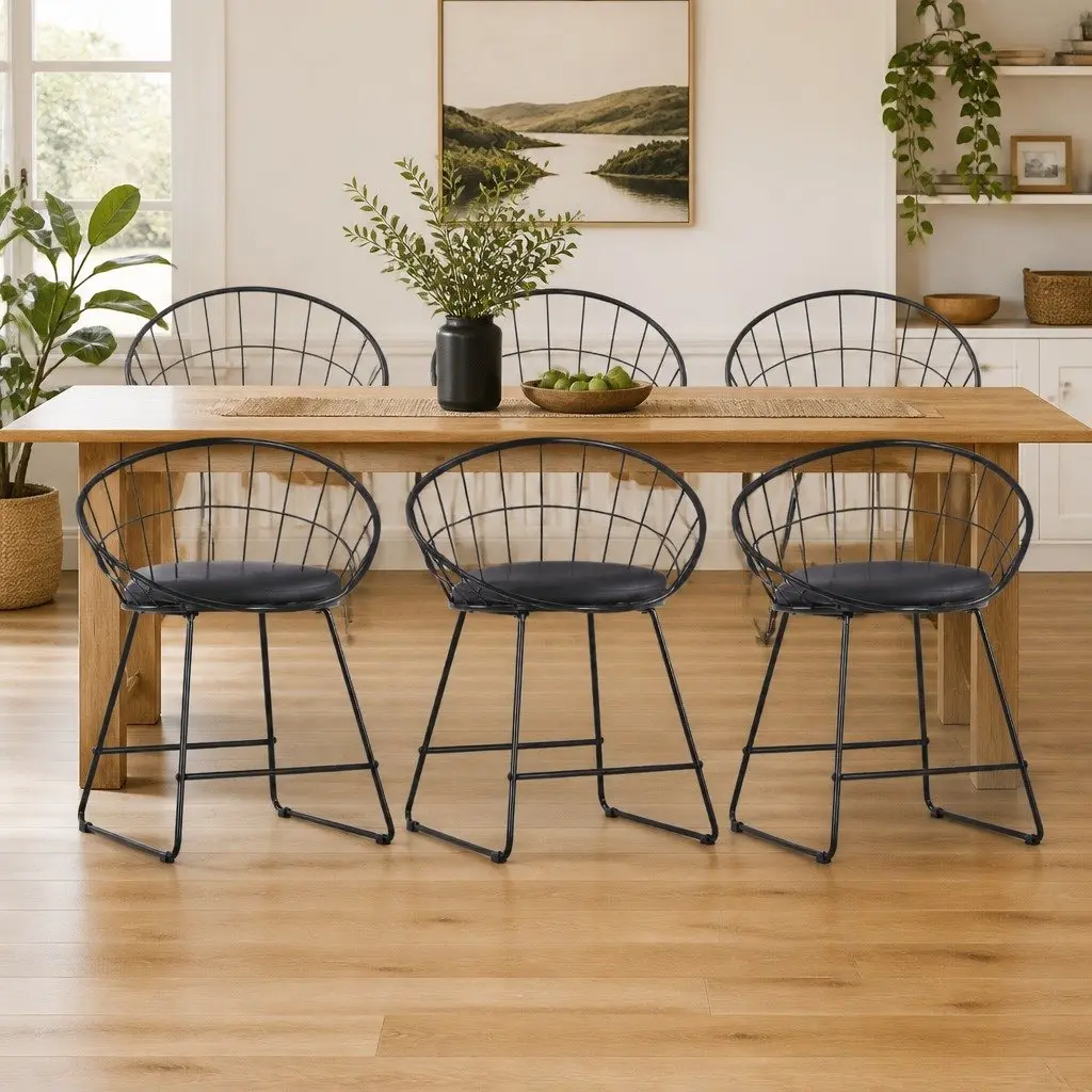 Dining Chairs Set 6 Pieces Black Powder-coated Steel Frame Faux Leather Cushioned Seats