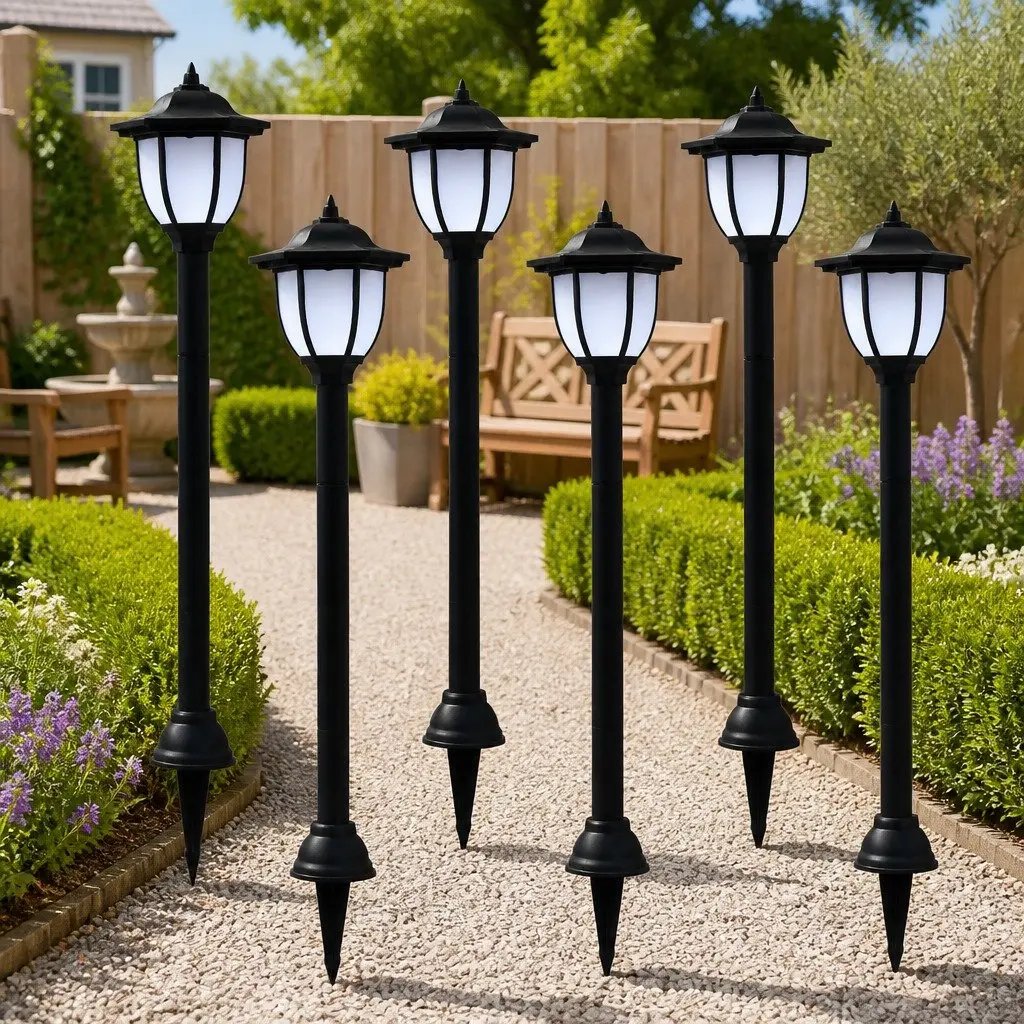 Outdoor Solar LED Lamps Black 6 Pack Garden Patio Pathway Automatic Dusk Lighting