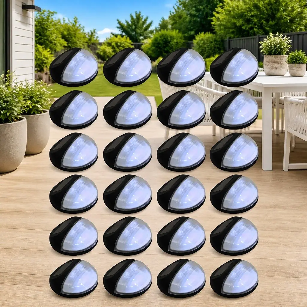Solar Wall Lamps LED Outdoor Lighting Black Round 24 Piece Garden Fence Mount