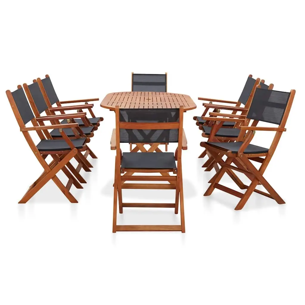 9 Piece Outdoor Dining Set Solid Eucalyptus Wood Textilene Foldable Black Garden Patio