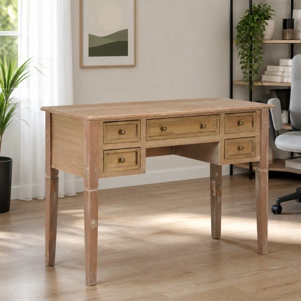 Brown Wood Writing Desk with Five Drawers Spacious Desktop Office Study Furniture