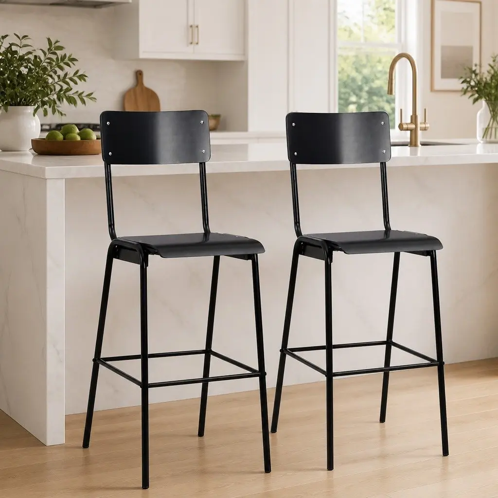 Plywood Bar Stools Stackable Black Steel Legs 2 Piece Kitchen Dining Chairs