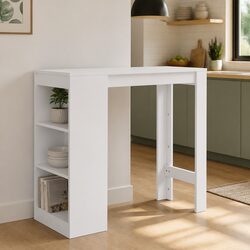 Bar Table with Storage Shelf White Kitchen Dining High Table Compact Design