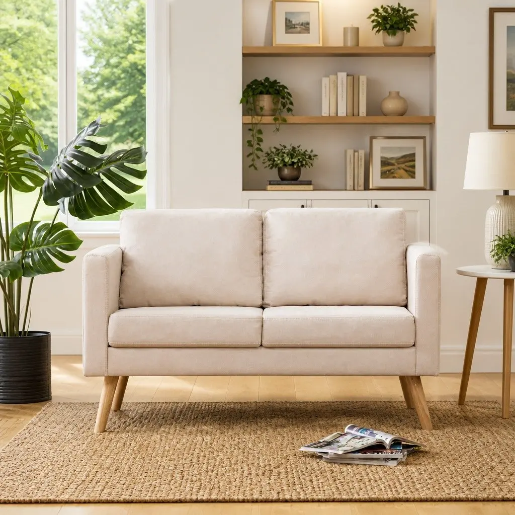 CreamFabric2SeaterSofaWoodenFrameThickPaddedCushionsWideSeatingAreaMachineWashableCovers