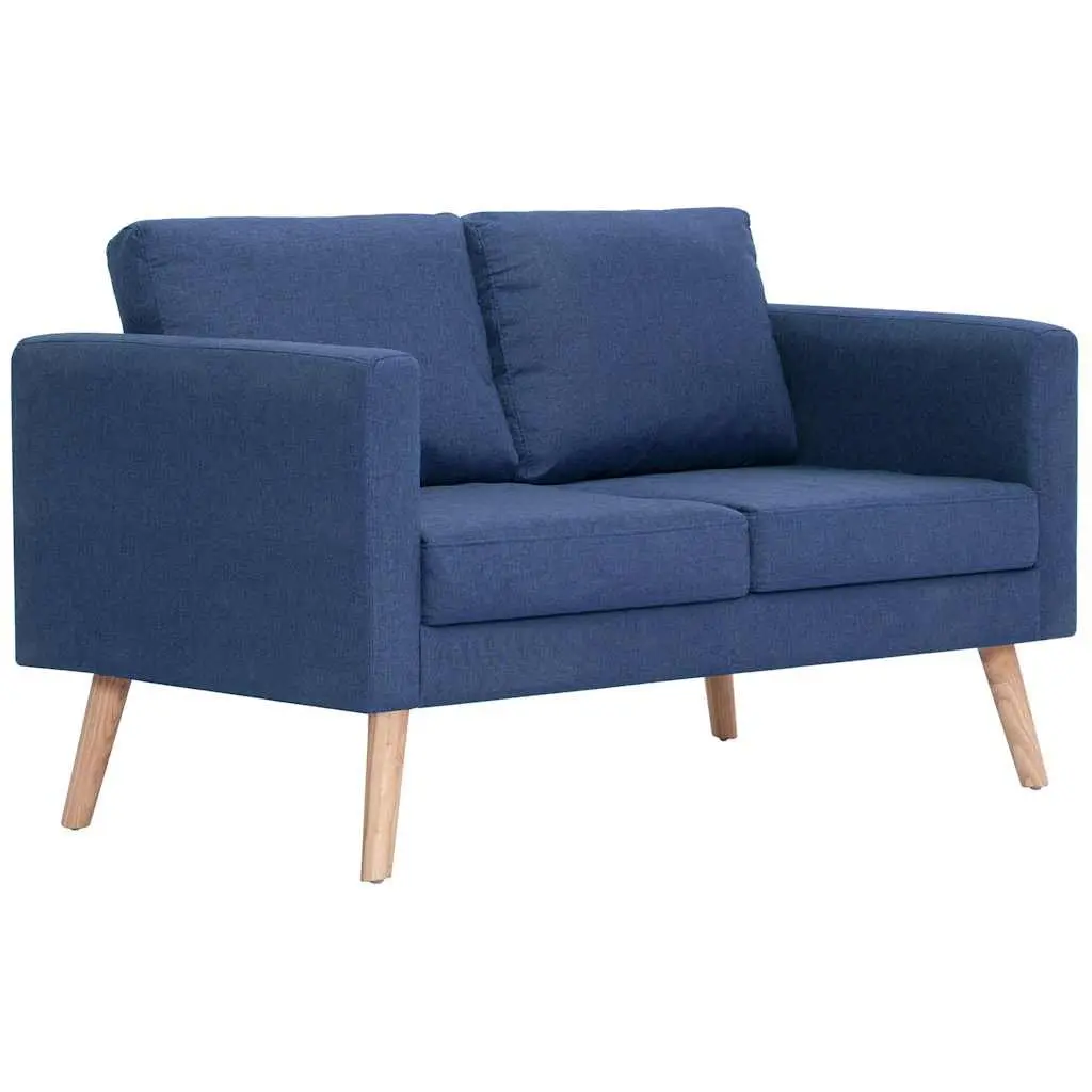 2-Seater Sofa Blue Fabric Couch Wooden Frame Removable Cushions