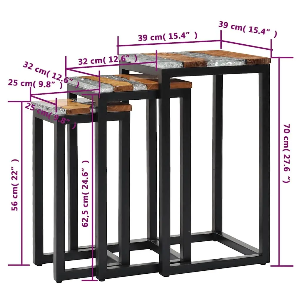 Nesting Tables Solid Teak Wood Crushed Glass 3 Piece Set Brown